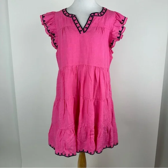 Navy Bleu Eloise Pink Embroidered Linen Flutter Sleeve Dress Size Large - Picture 2 of 14